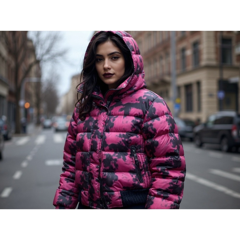 American Eagle Outfitters Pink Black Tie Dye Puffer Hooded Jacket Women's M